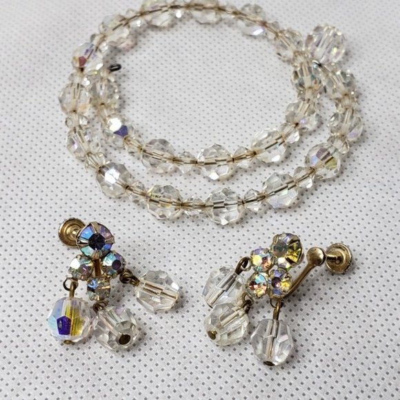 Vintage Crystal Tri-Bead Earrings, Wrap Bracelet Screw Back Gold Tone AB Rhines - Picture 1 of 11